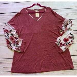Southern Stitch Women Burgundy Floral Lace Mixed Media V-Neck Top XXL NWT